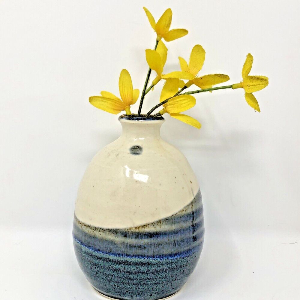 Studio Art Pottery Weed Pot Artist Signed Glazed Blue Steel Cream 4.5" Bud Vase